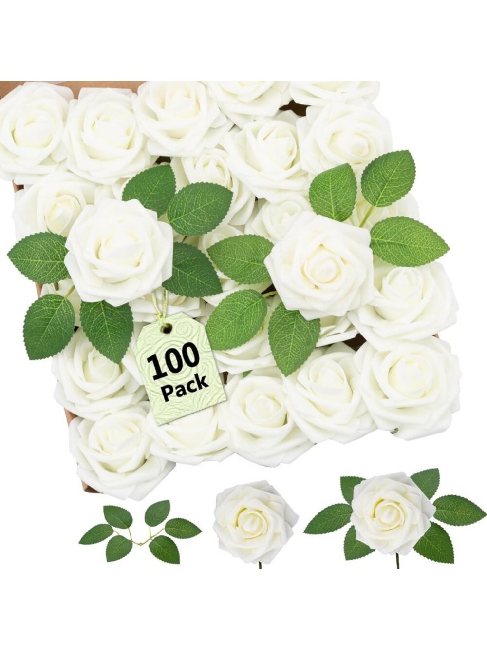 100 Pcs Ivory White Foam Roses - Realistic Artificial Flowers with Stems